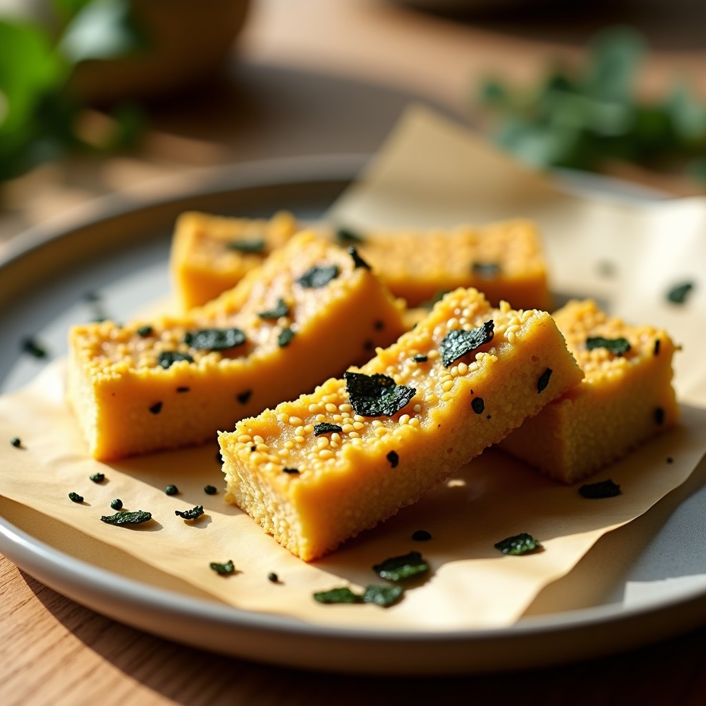 Barritas doradas y crujientes de proteína de guisante con trozos visibles de algas nori y semillas de sésamo, cortadas en porciones rectangulares sobre papel de horno. Snack salado keto para deportistas.