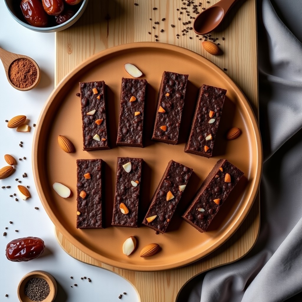 Barritas de proteína de harina de grillos y cacao sobre una tabla de madera rústica, con trozos de almendras fileteadas visibles en la superficie. Fondo borroso con ingredientes como cacao en polvo y semillas de chía esparcidos. Snack futurista alto en proteína.