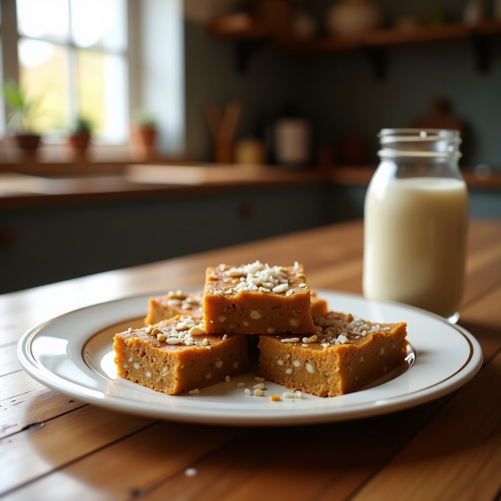 Barritas de proteína de pipas de calabaza y coco dispuestas en una tabla de madera rústica, con semillas de sésamo y coco rallado espolvoreados por encima. Snack salado y bajo en carbohidratos, perfecto para dieta keto.
