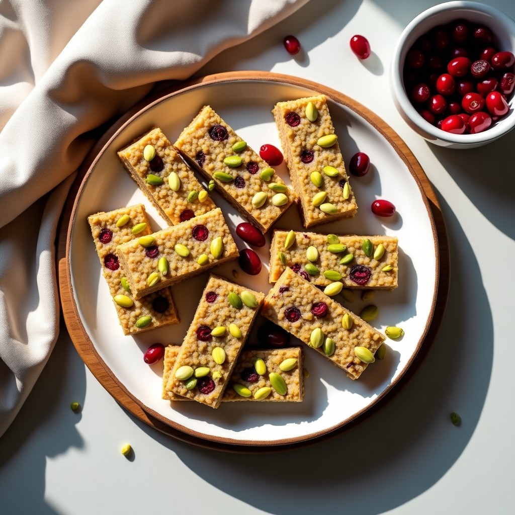 Barritas de proteína keto de pistacho y arándanos cortadas en porciones rectangulares, con trocitos de pistacho verde y arándanos rojos visibles en la superficie. Presentadas sobre un plato de madera rústico con fondo neutro, destacando su textura compacta y crujiente.