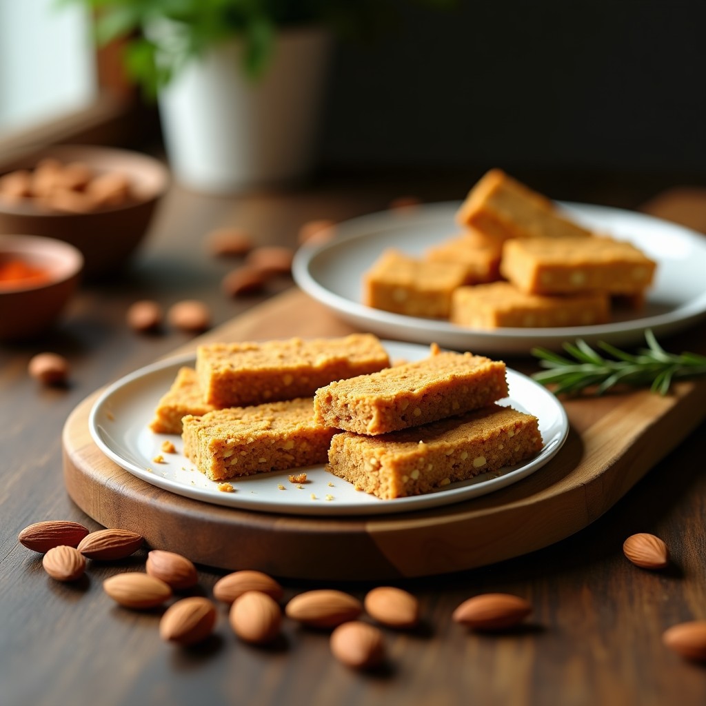 Barritas de proteína de pollo deshidratado y almendras keto, cortadas en porciones, con textura compacta y almendras visibles, sobre fondo de madera rústica.