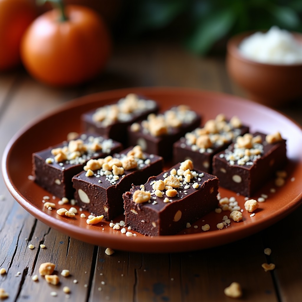 Barritas rectangulares oscuras de proteinada de cacao y crickets, con textura crujiente y trocitos de coco rallado, dispuestas en un plato de barro mexicano sobre fondo rústico de madera.