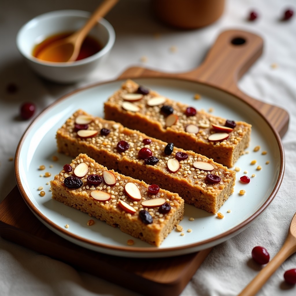 Barritas energéticas de quinoa y arándanos con miel de agave dispuestas en una tabla de madera rústica, con semillas de lino y almendras fileteadas visibles en la superficie. Snack saludable para tupper, con textura compacta y color dorado.