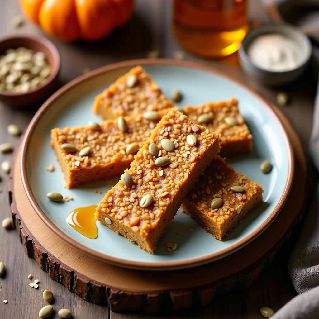 Barritas energéticas de semillas de calabaza y miel cortadas en rectángulos, con textura compacta y dorada, sobre un fondo rústico de madera con semillas esparcidas alrededor.