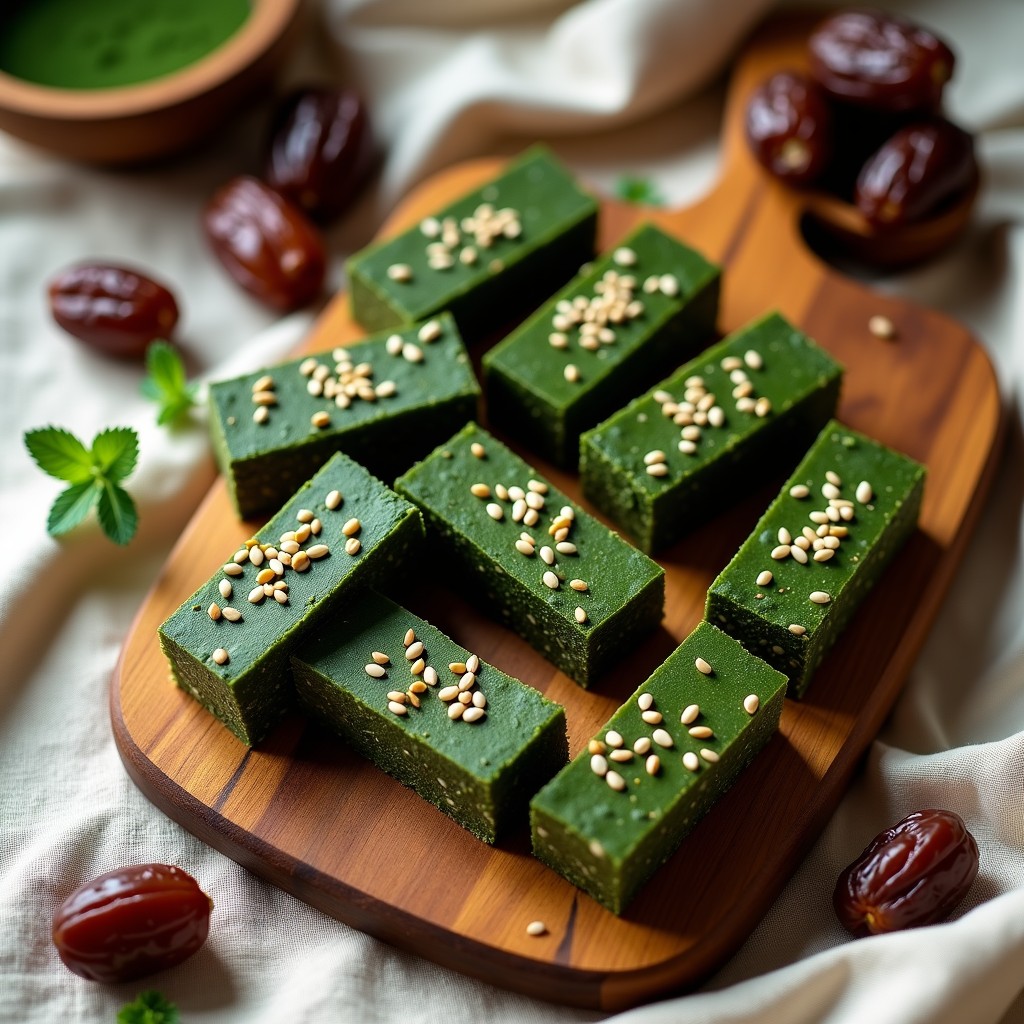 Barritas energéticas de color verde intenso cortadas en rectángulos, con semillas de sésamo y girasol visibles, sobre fondo de madera rústica. Receta de barritas de spirulina y dátiles sin horno.