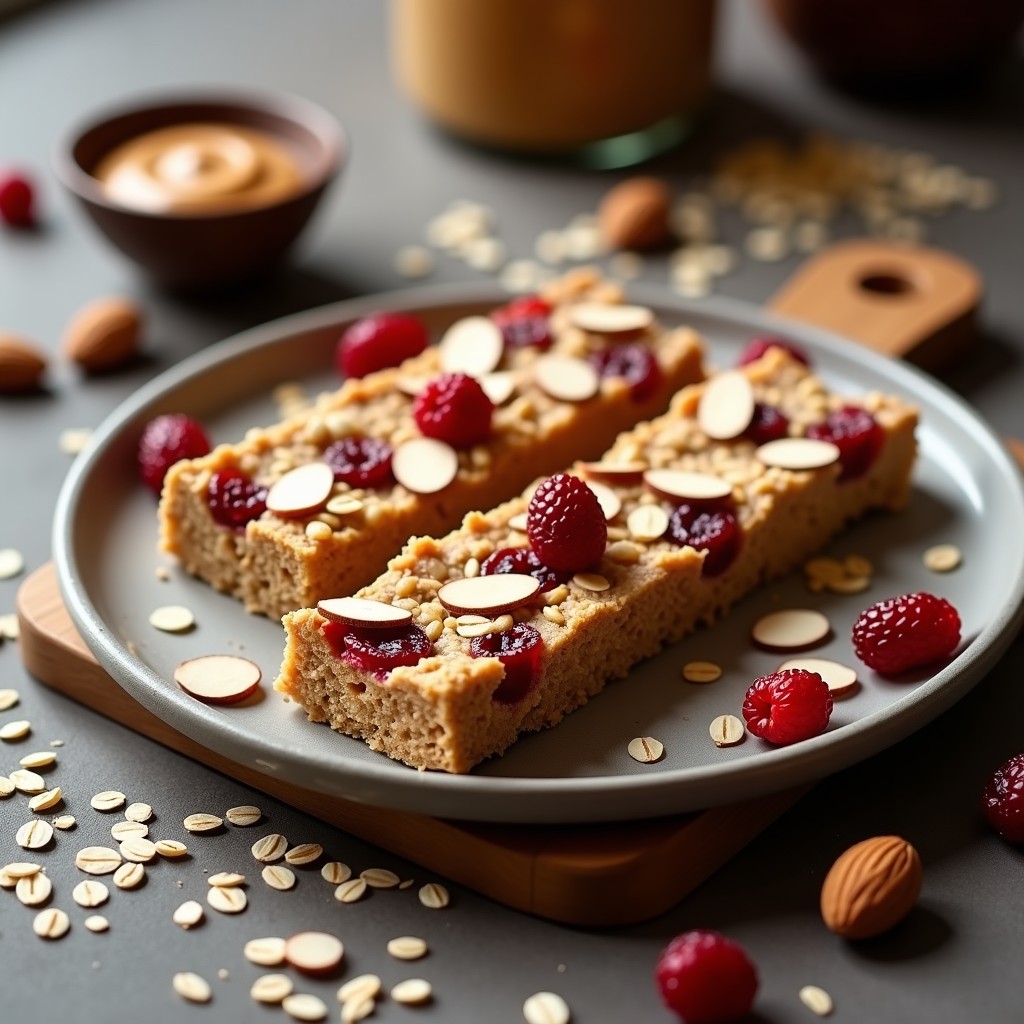 Bars de avena con pasta de almendra y arándanos liofilizados cortadas en rectángulos, con almendras fileteadas y arándanos por encima, sobre un fondo de madera rústica. Snack energético sin horno.