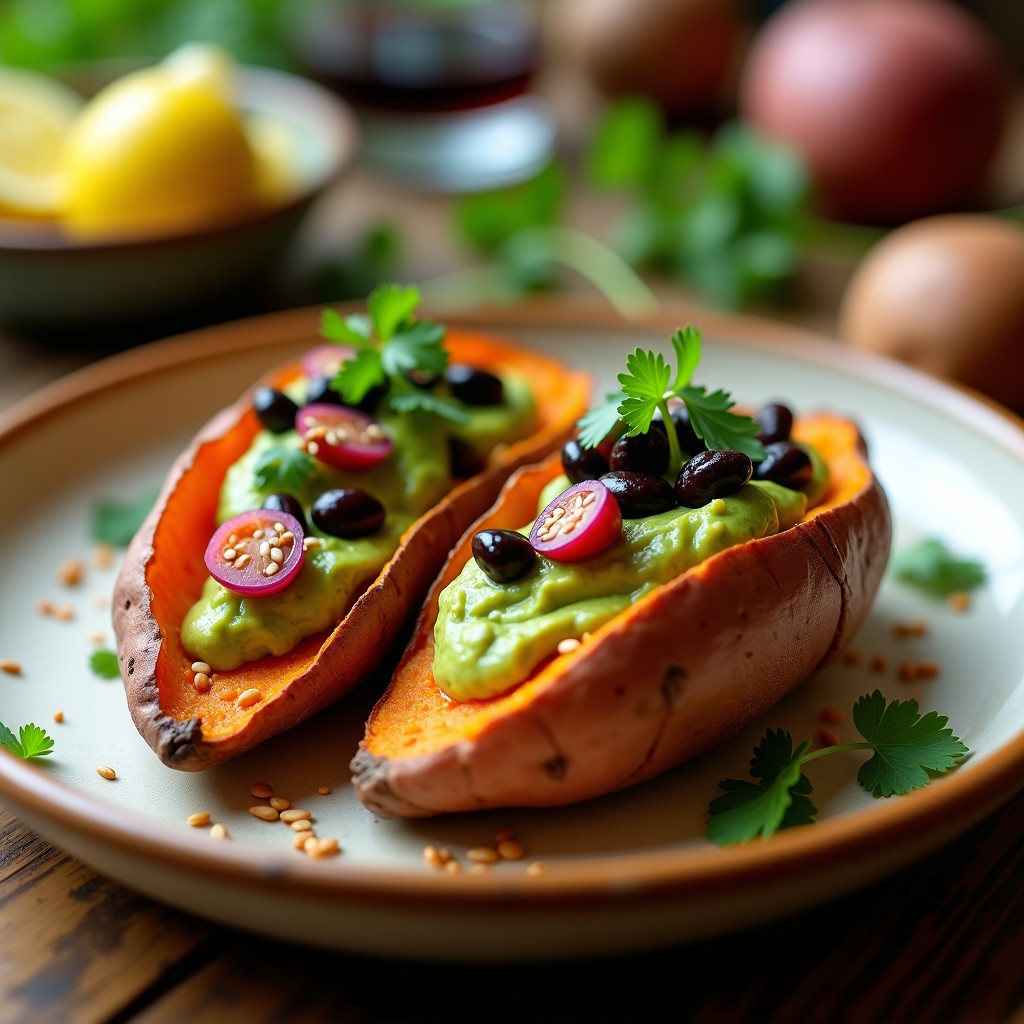Batata asada al microondas abierta por la mitad, rellena de guacamole cremoso verde y frijoles negros especiados, decorada con tomate en cubos, cilantro fresco y semillas de sésamo sobre hoja de lechuga, plato principal vegano saludable.