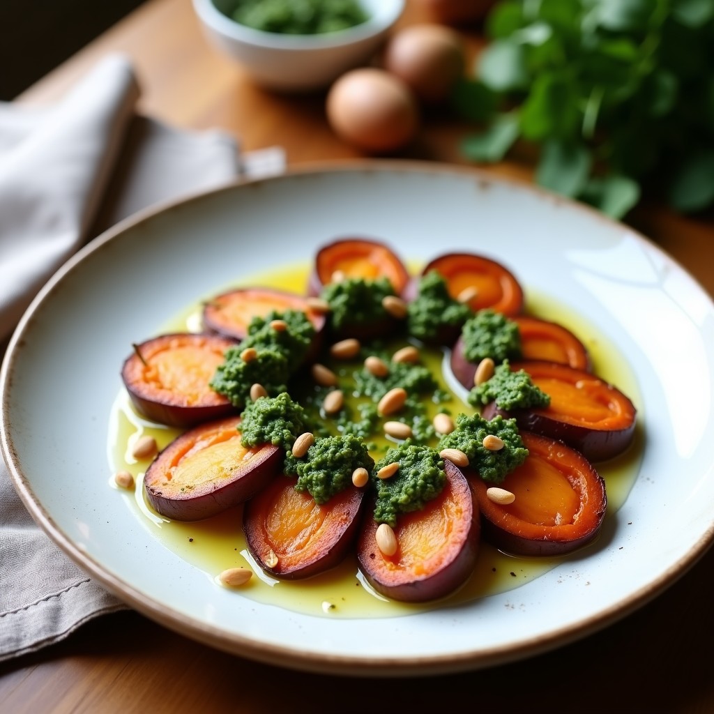 Plato blanco con rodajas de batata morada asada, doradas y caramelizadas, napadas con un pesto verde vibrante de rúcula y piñones. Decorado con piñones tostados y un hilo de aceite de oliva virgen extra. Fondo rústico con servilleta de lino.