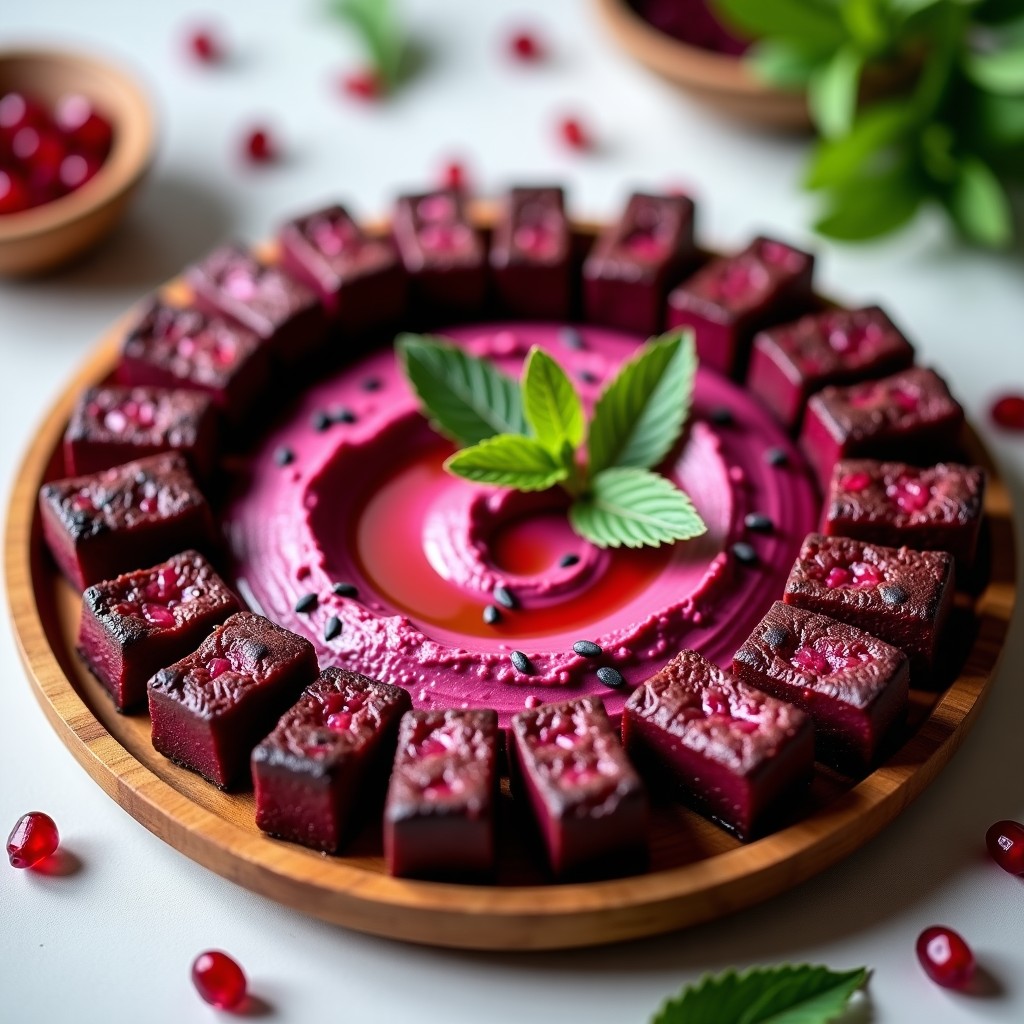 Plato rústico de madera con batata morada asada en cubos dorados, hummus de betterave vibrante en el centro, decorado con semillas de sésamo negro y hojas de menta fresca, receta vegana antiinflamatoria.