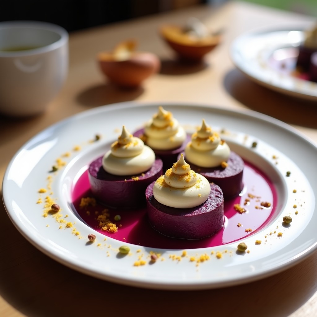 Postre vegano de batata morada asada en rodajas gruesas, cubiertas con merengue esponjoso de garbanzo y decorado con pistachos picados. Plato blanco con fondo minimalista, resaltando el contraste de colores morados y crema.