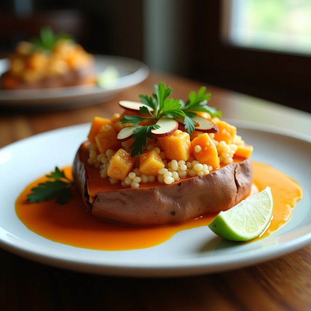 Batata rellena de quinoa y pollo al curry en plato blanco, con relleno dorado y almendras fileteadas, decorada con cilantro fresco y rodaja de limón.