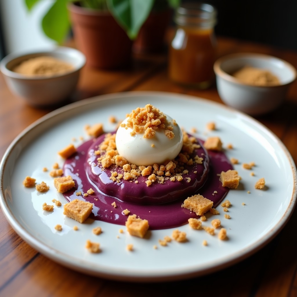 Batido de açaí y banana con granola servido en bol de cerámica blanca, decorado con granola crujiente, coco rallado y rodajas de banana sobre fondo de madera clara. Desayuno brasileño alto en antioxidantes.