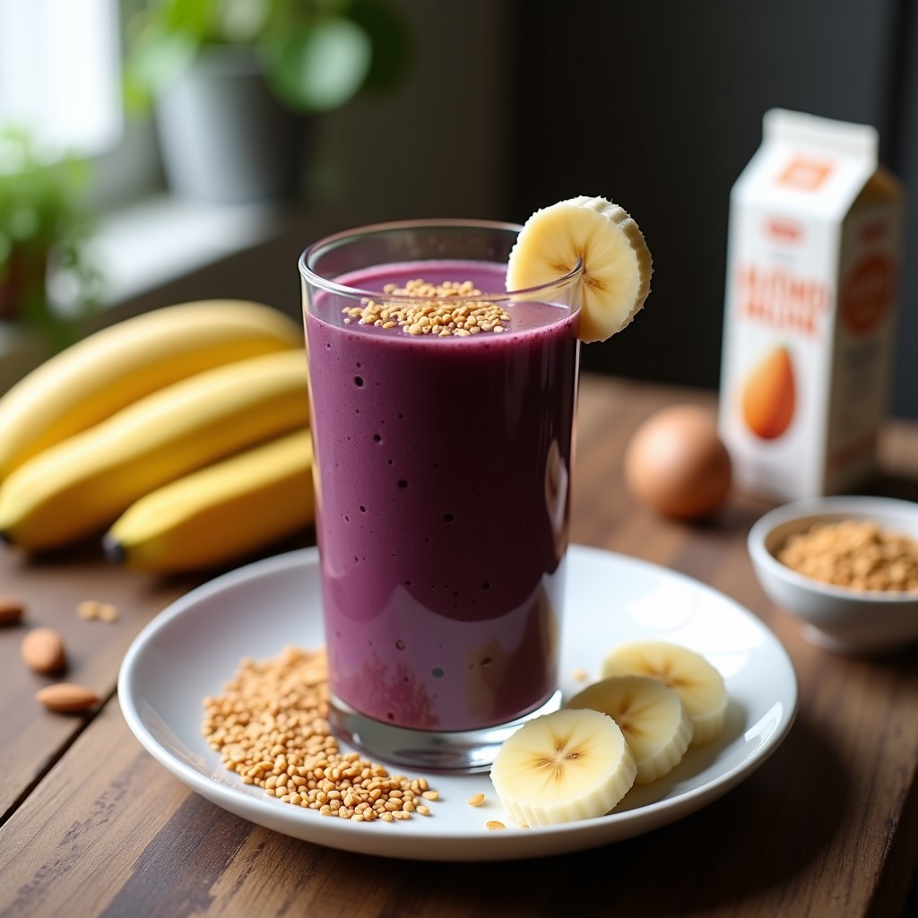 Batido de Açaí y Banana con Leche de Almondras y Semillas de Lino: Bebida Antioxydante en 5 Minutos