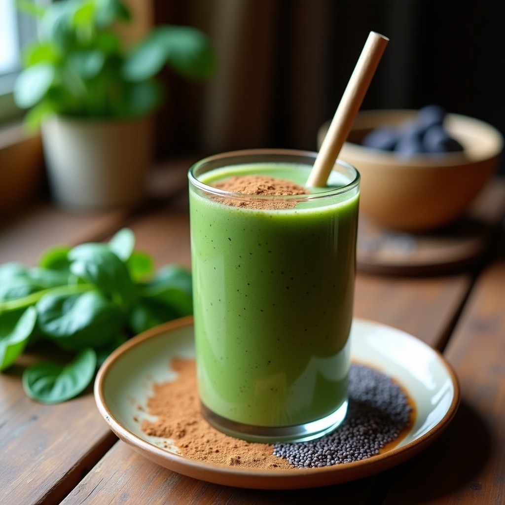 Vaso alto transparente con batido morado intenso de açaí y espinacas, coronado con semillas de chía y canela, sobre fondo de madera rústica con hojas de espinacas frescas y un limón en rodajas.