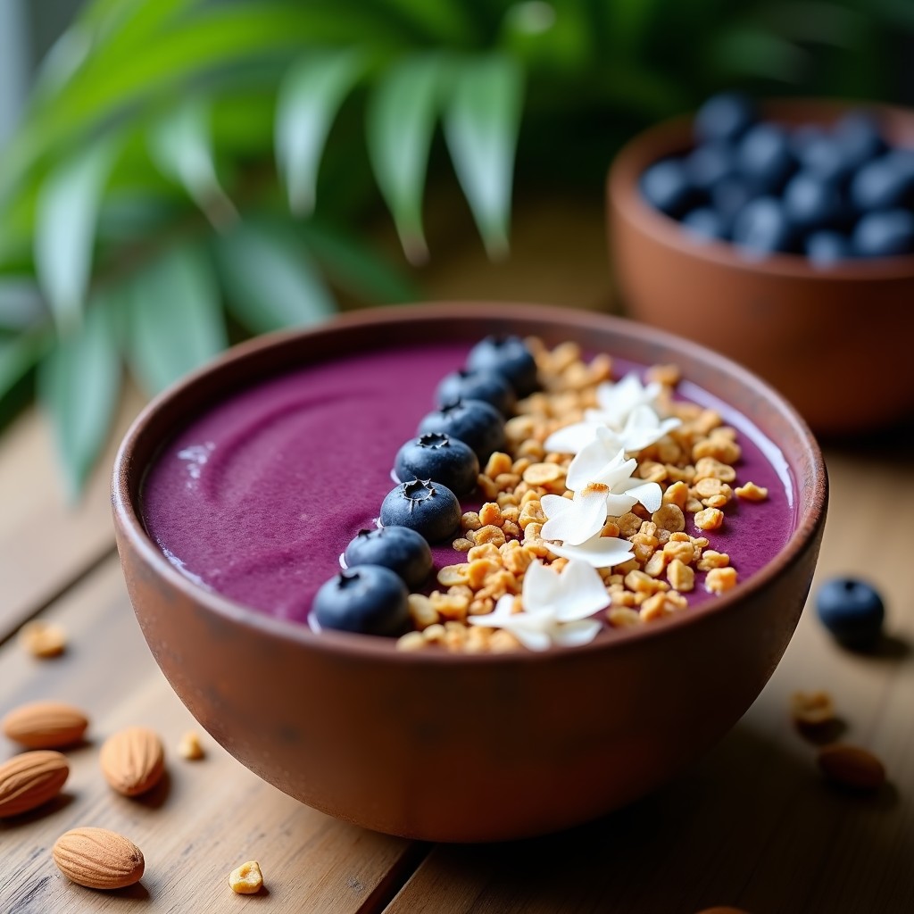 Batido de açaí y guaraná en bol hondo con capa cremosa de color morado oscuro, decorado con granola sin azúcar de almendras y coco, copos de coco tostado y arándanos frescos. Fondo con hojas de palma y luz natural resaltando las texturas crujientes y cremosas.