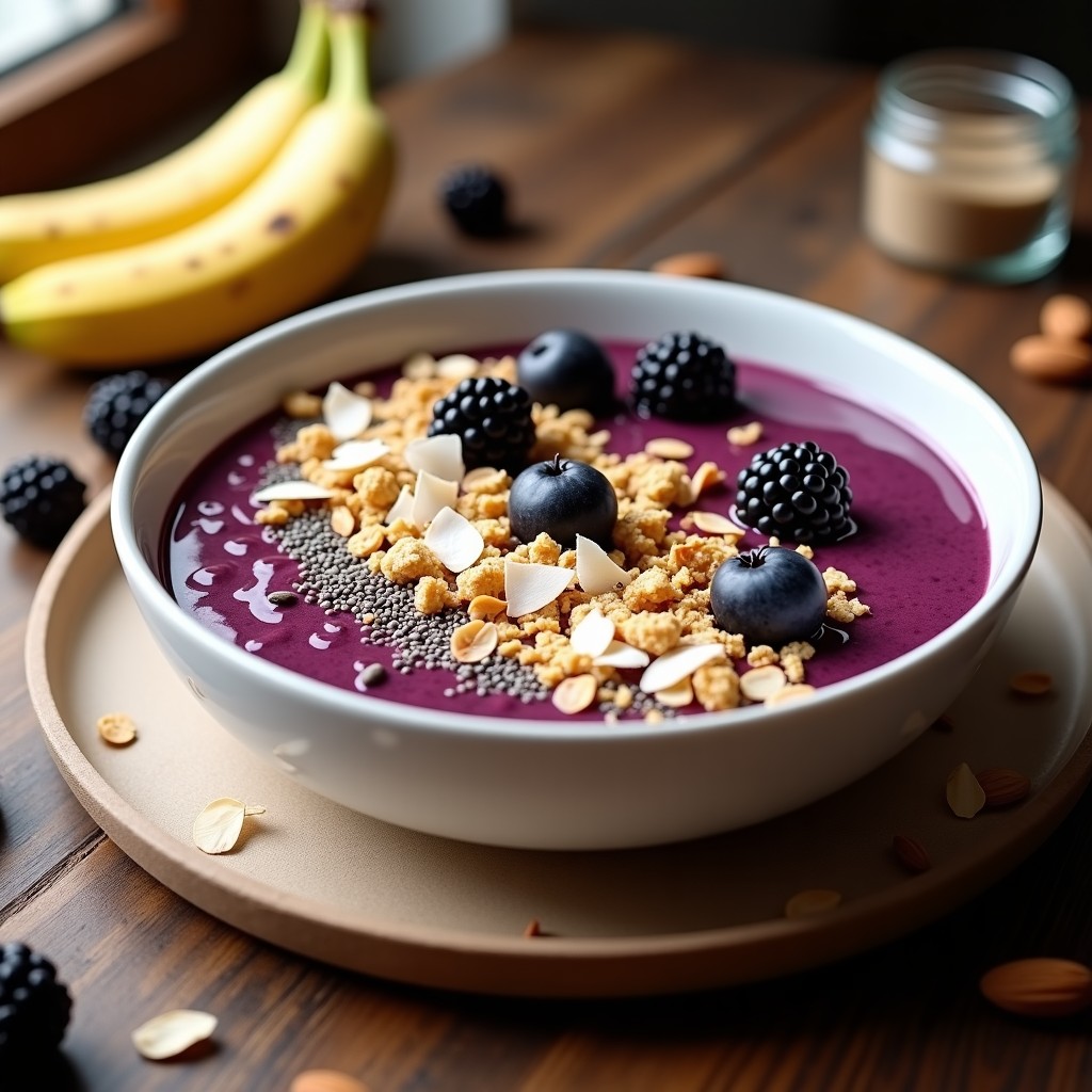 Batido espeso de color morado intenso en un bol de cerámica blanca, coronado con granola dorada de quinoa inflada y semillas de calabaza, decorado con moras frescas y un espolvoreado de cacao. Desayuno antioxidante y energético con texturas contrastantes.