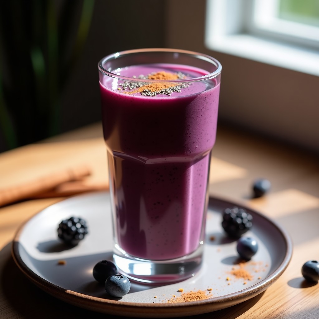 Vaso alto transparente con batido de açaí y protein powder keto, color morado oscuro, decorado con semillas de chía y canela, sobre fondo rústico de madera con hojas de açaí alrededor.