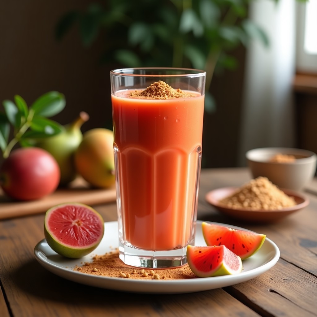 Vaso alto transparente con batido de acerola y guayaba de color naranja intenso, cremoso y con espuma en la superficie, decorado con una rodaja de guayaba y hojas de menta. Fondo claro con ingredientes dispersos: plátano, proteína vegetal en polvo y leche de avena.