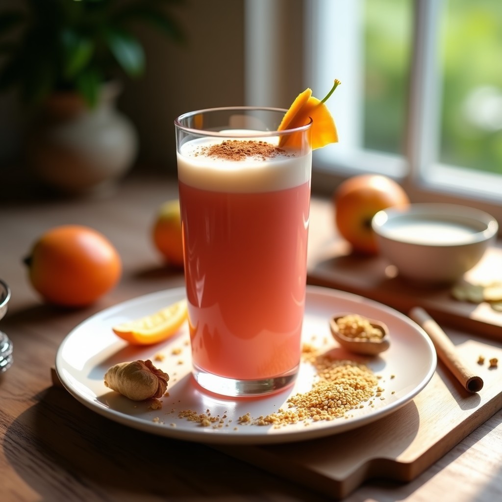 Vaso alto transparente con batido de acerola y jengibre con leche de avena, color rosado intenso, espuma cremosa en la superficie, decorado con pizca de canela y rodaja de jengibre fresco, fondo de cocina natural con ingredientes dispersos.