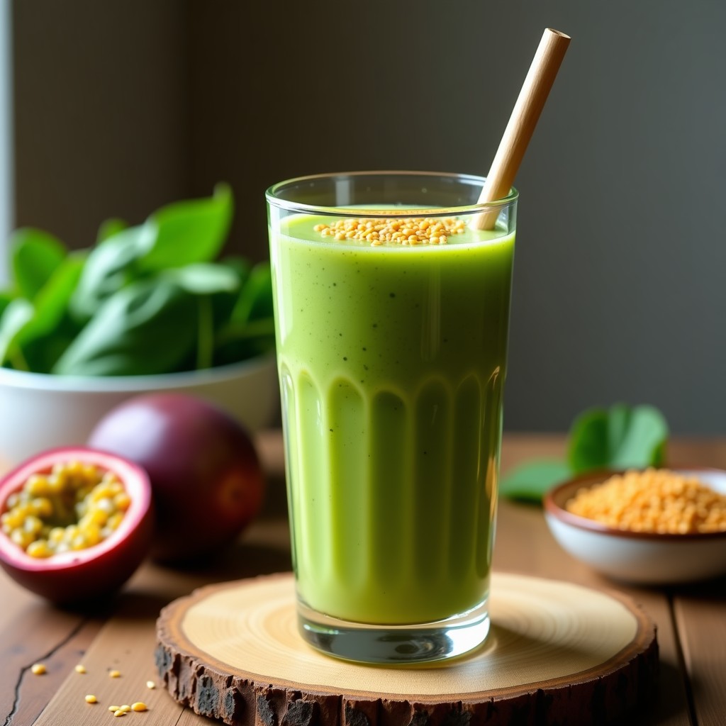 Vaso alto transparente con batido verde vibrante de acerola y maracuyá, decorado con semillas de linaza dorada y servido con una pajita de bambú sobre fondo de madera rústica, receta antiinflamatoria.