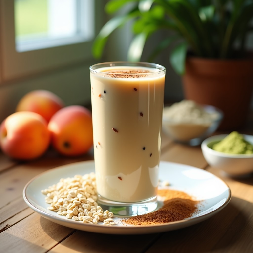 Vaso alto transparente con batido cremoso de color beige claro, coronado con una pizca de canela y semillas de chía. Al fondo, albaricoques frescos, avena en copos y polvo de moringa sobre una mesa de madera rústica con luz natural.