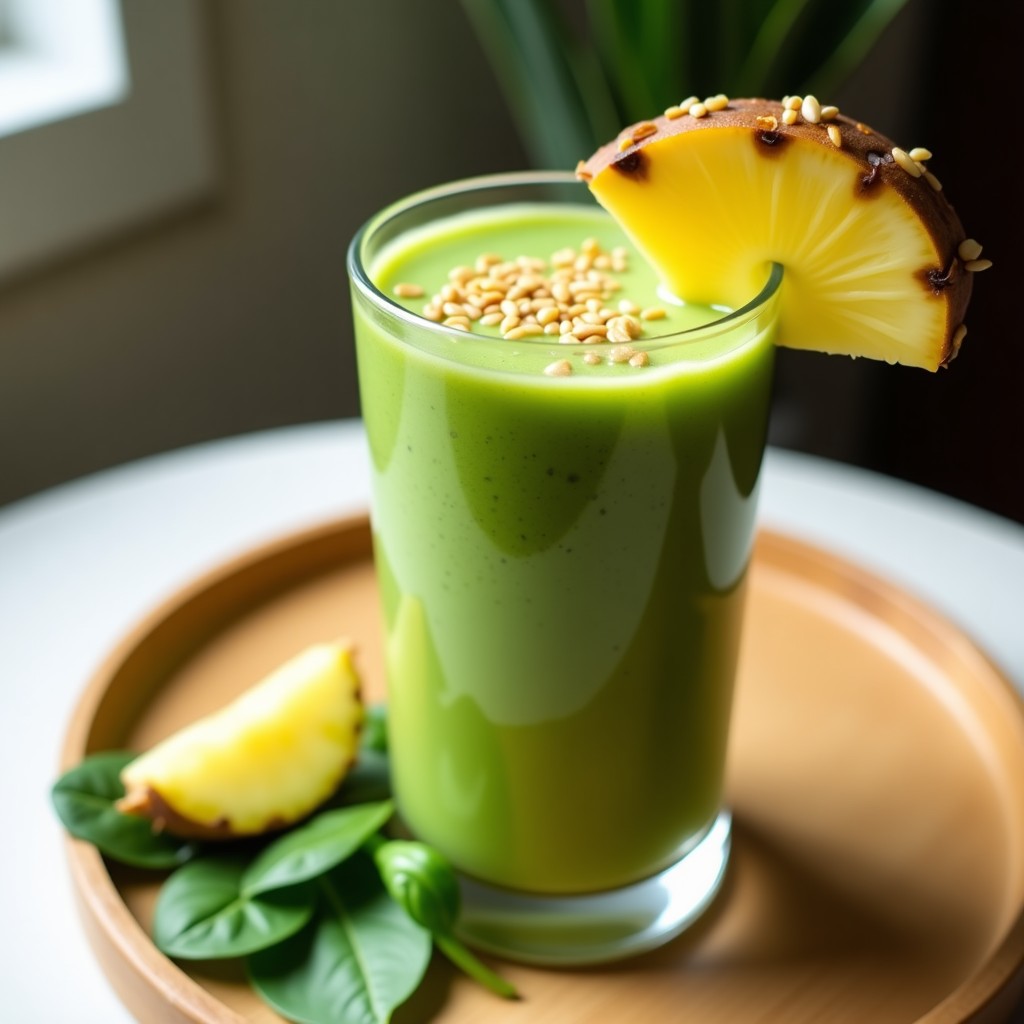 Vaso alto transparente con batido verde vibrante de algas chlorella y piña, decorado con una rodaja de piña y semillas de lino, sobre fondo de madera clara con hojas frescas de espinacas y jengibre al lado.