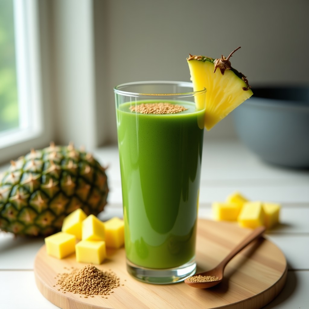 Vaso alto de cristal con batido verde esmeralda de espirulina y piña, coronado con semillas de lino dorado y una rodaja de piña fresca. Fondo borroso con hojas de menta y luz natural resaltando la textura cremosa. Bebida superfood para el sistema inmunológico.