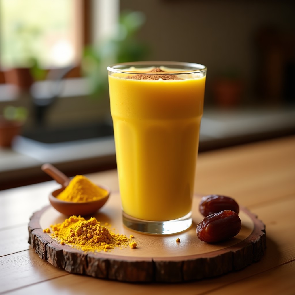 Vaso alto de cristal con batido dorado de almendra y cúrcuma, espolvoreado con pimienta negra y canela, rodeado de semillas de lino, un dátil y una cucharita de madera sobre fondo de encimera de madera clara. Bebida antiinflamatoria y energética lista para servir.