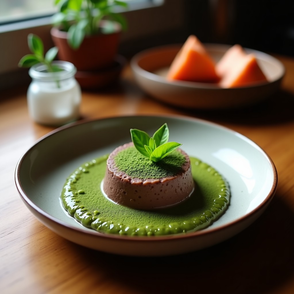 Vaso alto transparente con batido de almendras y cacao con espirulina, bebida energética post-entreno vegana, decorado con espolvoreado de cacao y almendras fileteadas sobre fondo blanco. Textura cremosa y color marrón oscuro con tonos verdosos.