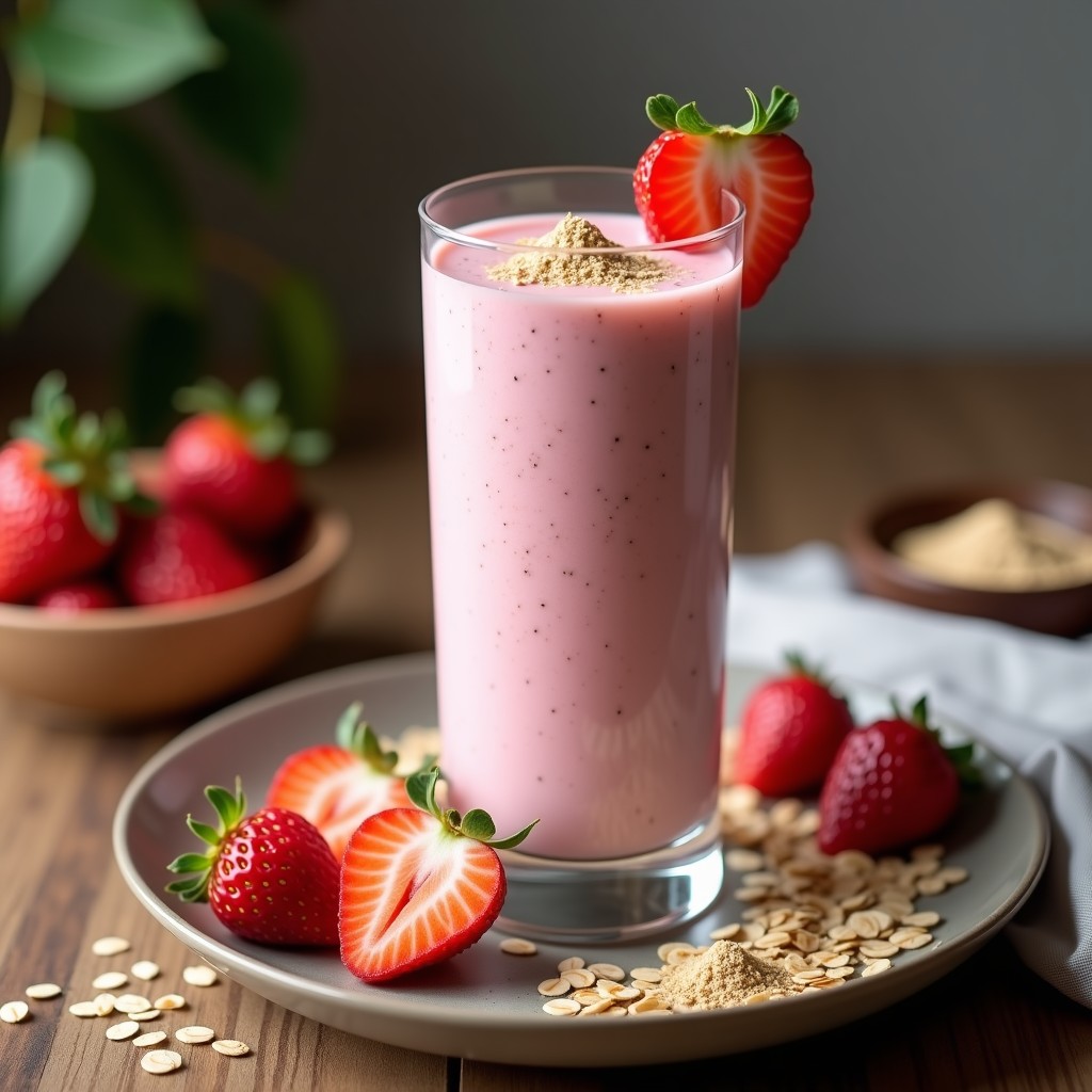 Vaso alto transparente con batido rosado cremoso de avena, baobab y fresas, decorado con semillas de chía y un espolvoreado de polvo de baobab sobre la superficie. Fresas frescas y copos de avena al lado como acompañamiento.