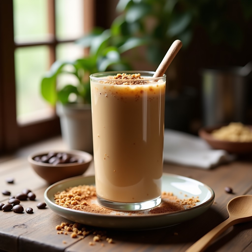 Vaso alto transparente con batido de avena nocturna cremoso, color café claro con vetas doradas de cardamomo, decorado con nueces de Brasil picadas y una pizca de canela en polvo sobre la superficie. Fondo borroso con granos de café y semillas de cardamomo dispersos.