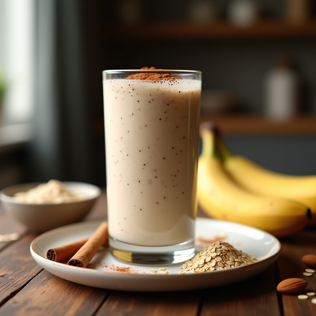 Vaso alto de cristal con batido cremoso de avena y canela con proteína, decorado con semillas de chía y una pizca de canela en polvo, sobre una mesa de madera con ingredientes dispersos alrededor.