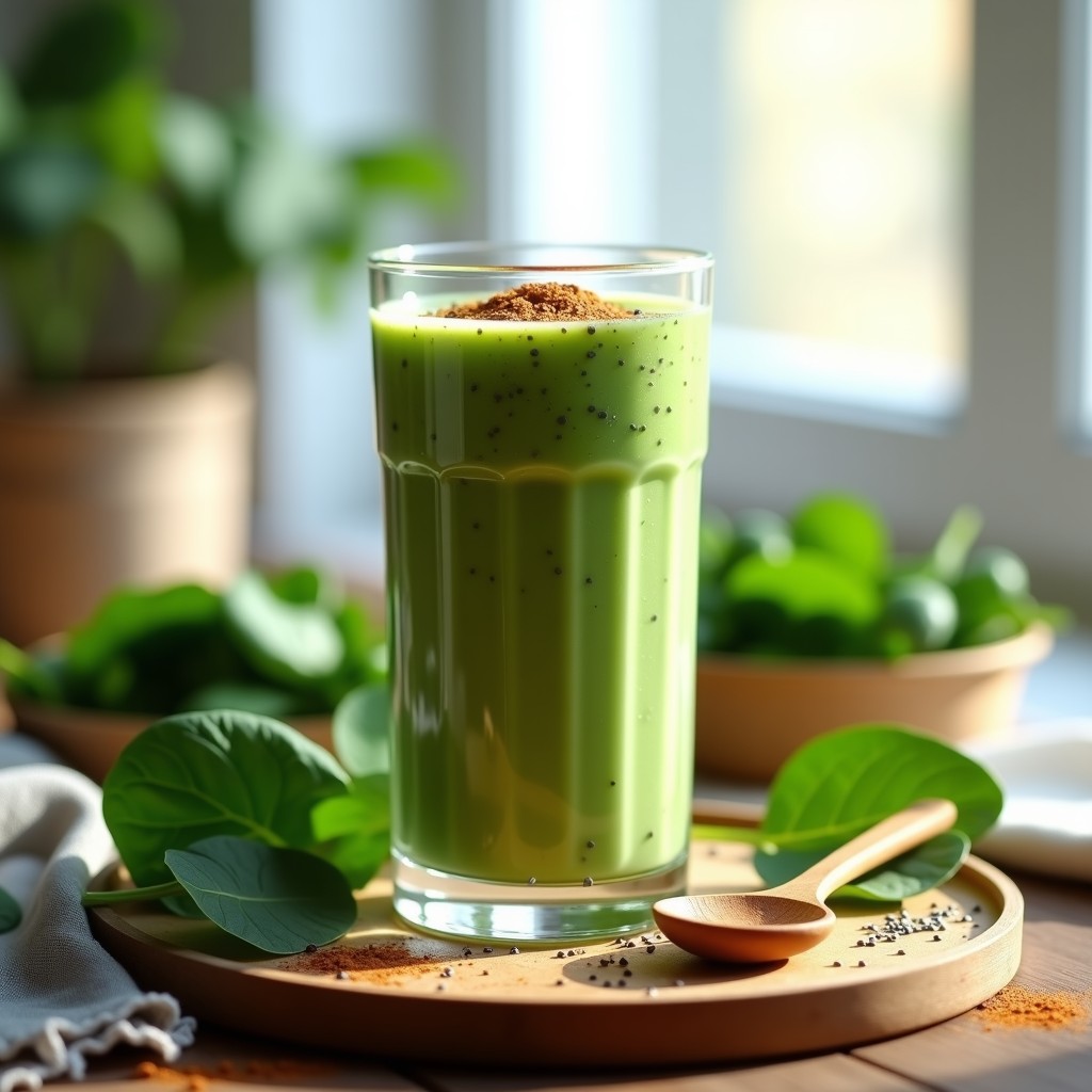 Vaso alto transparente con batido verde espeso de avena y espinacas, coronado con una pizca de canela en polvo y semillas de chía, sobre fondo de madera clara con ingredientes dispersos: plátano, espinacas frescas y cucharita de canela.