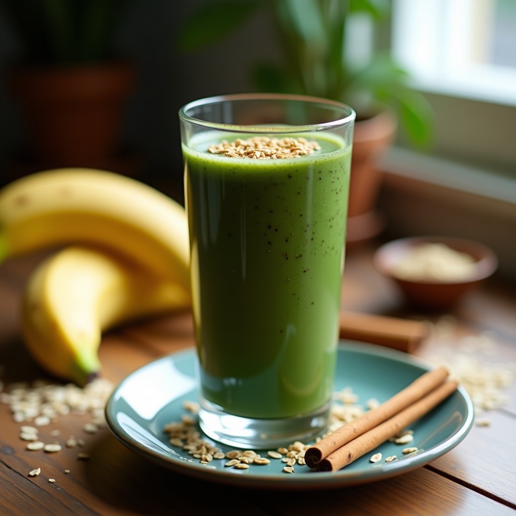 Vaso alto transparente con batido verde oscuro de avena y espirulina, coronado con semillas de lino dorado y un toque de canela, sobre fondo de madera rústica con ingredientes dispersos: plátano, copos de avena y espirulina en polvo.