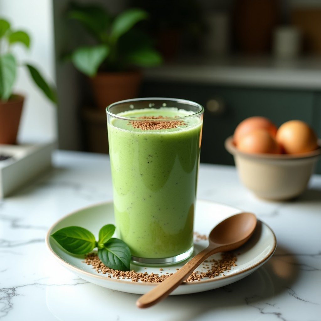Vaso alto transparente con batido verde vibrante de avena y espirulina, decorado con semillas de chía y una pizca de canela, sobre fondo blanco con hojas verdes y una cuchara de madera.