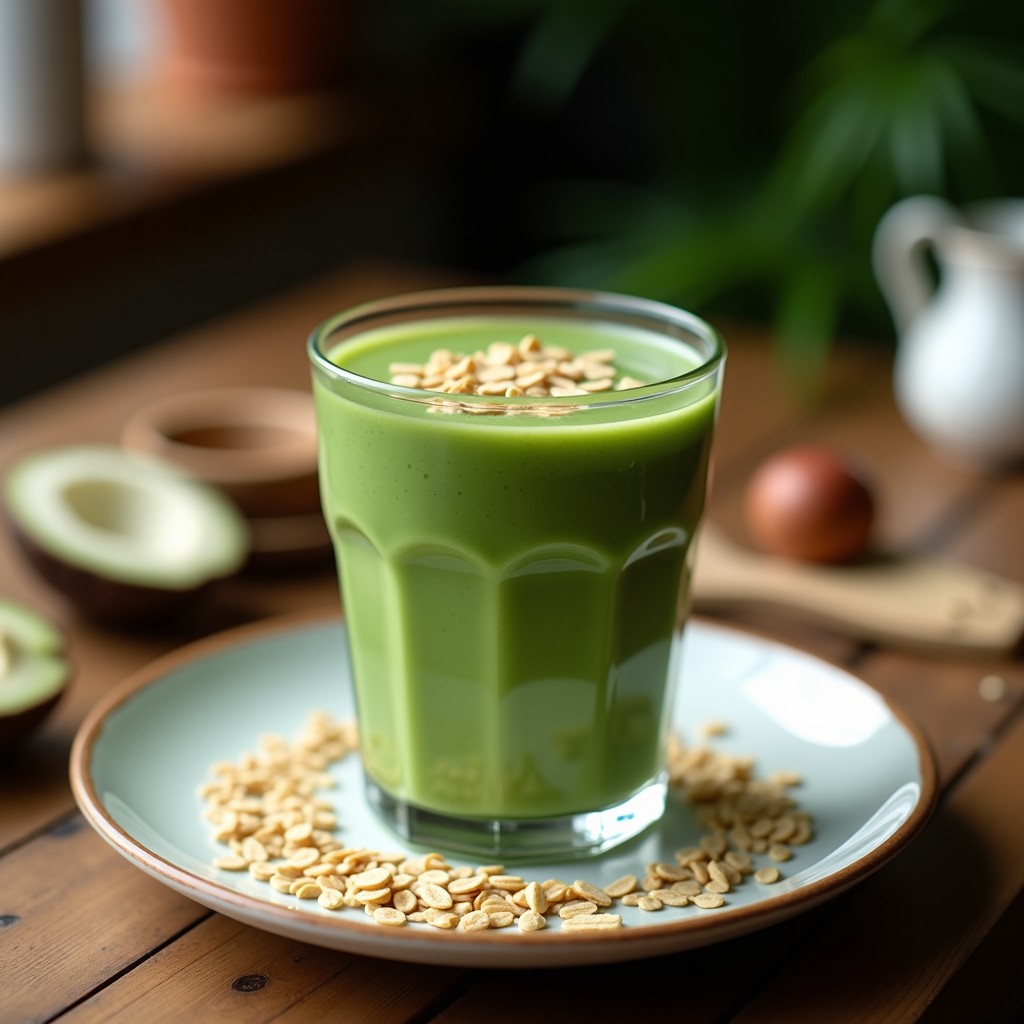 Vaso alto de cristal con batido verde esmeralda de avena y espirulina, coronado con semillas de chía y una pizca de canela. Fondo blanco con ingredientes dispersos: copos de avena, plátano en rodajas, espirulina en polvo y leche de coco en una jarra de vidrio. Receta de desayuno detox y alta en nutrientes.
