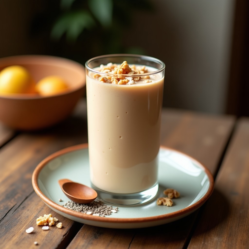 Vaso alto de cristal con batido de avena y lucuma, espeso y cremoso, decorado con nueces pecanas picadas y un espolvoreado de canela. Fondo con ingredientes: hojuelas de avena, pulpa de lúcuma y semillas de chía.