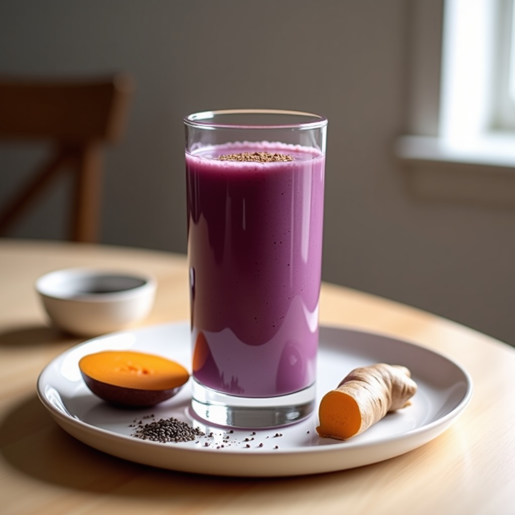 Vaso alto transparente con batido de batata morada y jengibre, de color lila intenso, decorado con una pizca de canela en polvo y semillas de chía en la superficie. Fondo de cocina minimalista con ingredientes como jengibre fresco y batata morada al lado.