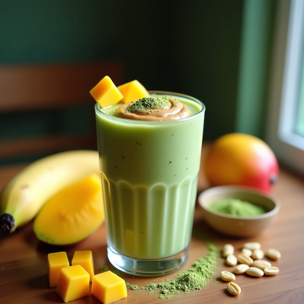 Vaso alto transparente con batido cremoso de color verde claro coronado por hielo de mango amarillento, decorado con semillas de chía y cacahuetes picados. Fondo con ingredientes dispersos: plátano, mango fresco y espirulina en polvo.