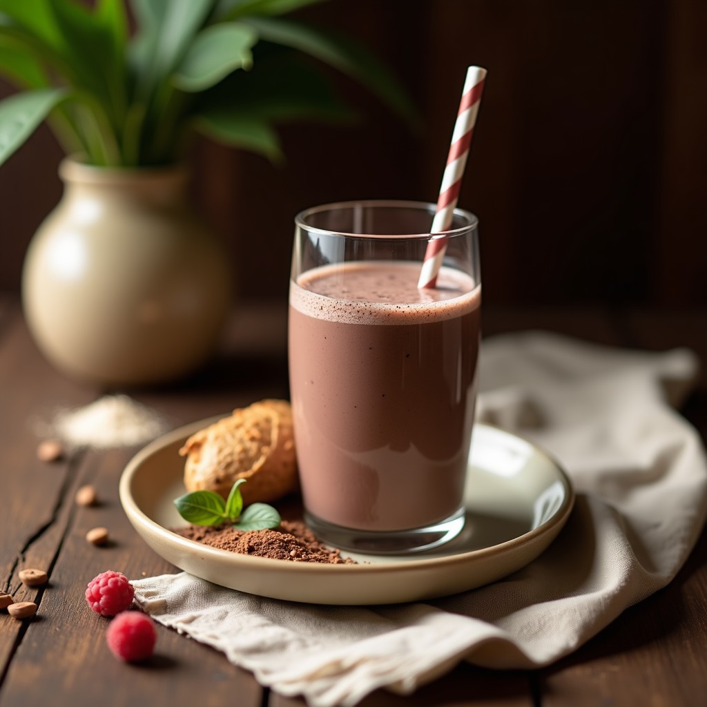 Vaso alto transparente con batido de cacao puro y agua de coco, espumoso y de color marrón claro, decorado con una pizca de canela y semillas de chía en la superficie. Fondo con ingredientes como cacao en polvo y una botella de agua de coco.