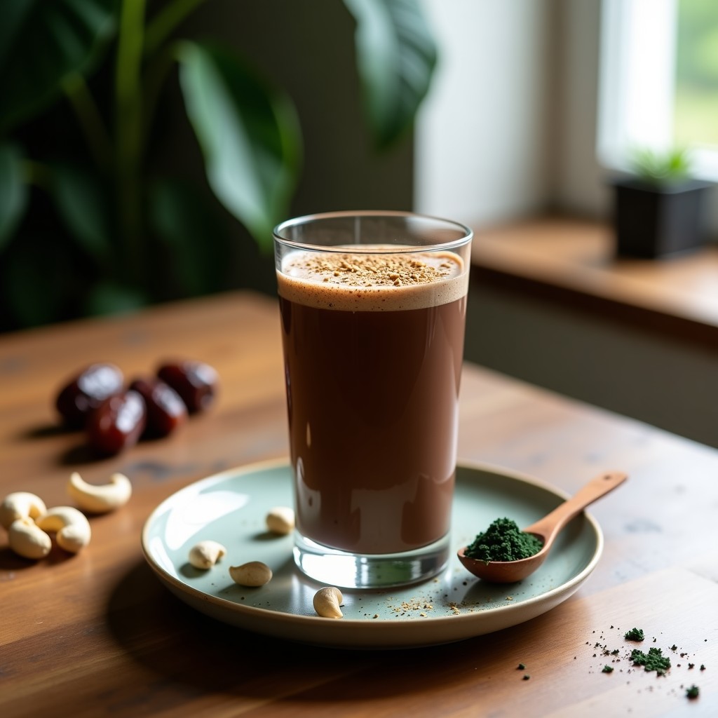 Vaso alto transparente con batido de cacao puro y algas spirulina, color chocolate oscuro con espuma cremosa, decorado con semillas de lino y cacao en polvo espolvoreado. Fondo con ingredientes: anacardos, dátiles y cucharita de spirulina. Bebida energética vegana para el gimnasio.