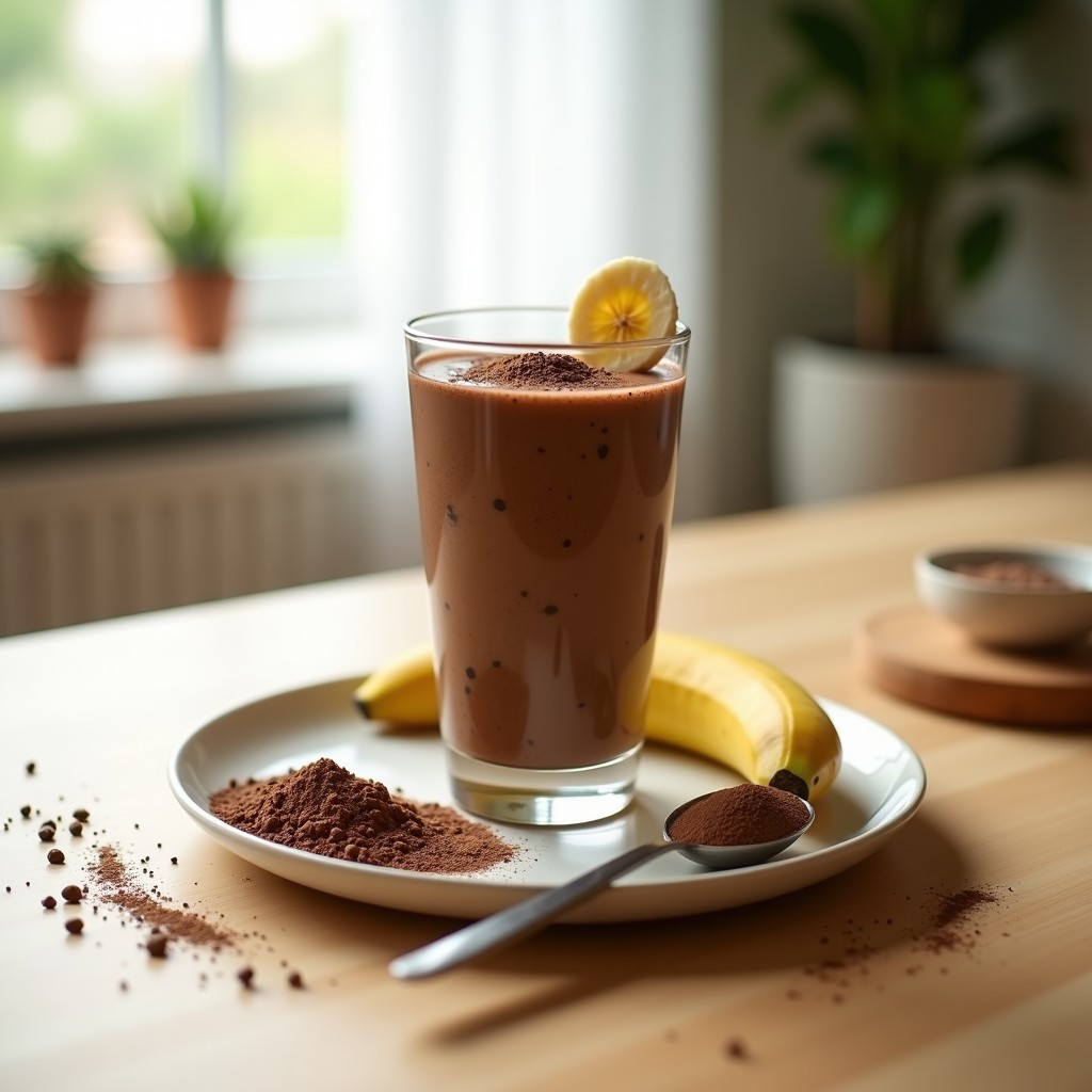 Vaso alto transparente con batido espeso de color marrón oscuro, coronado con semillas de chía y un toque de cacao crudo en polvo. Fondo con banana y cucharada de proteína de guisante. Receta de batido de cacao crudo y banana con proteína de guisante.