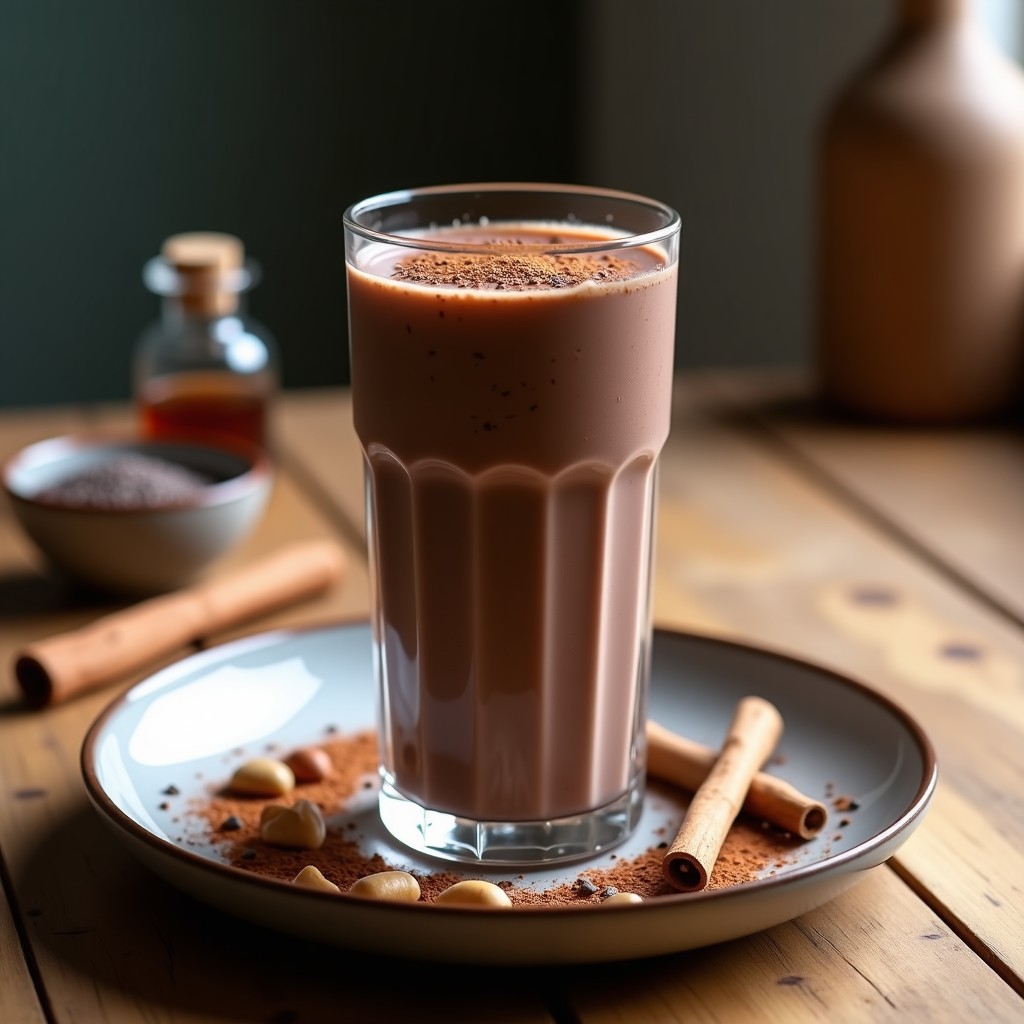 Vaso alto transparente con batido de cacao crudo y leche de anacardos keto, espumoso y cremoso, decorado con una pizca de cacao en polvo y semillas de chía, sobre una mesa de madera con ingredientes al fondo.
