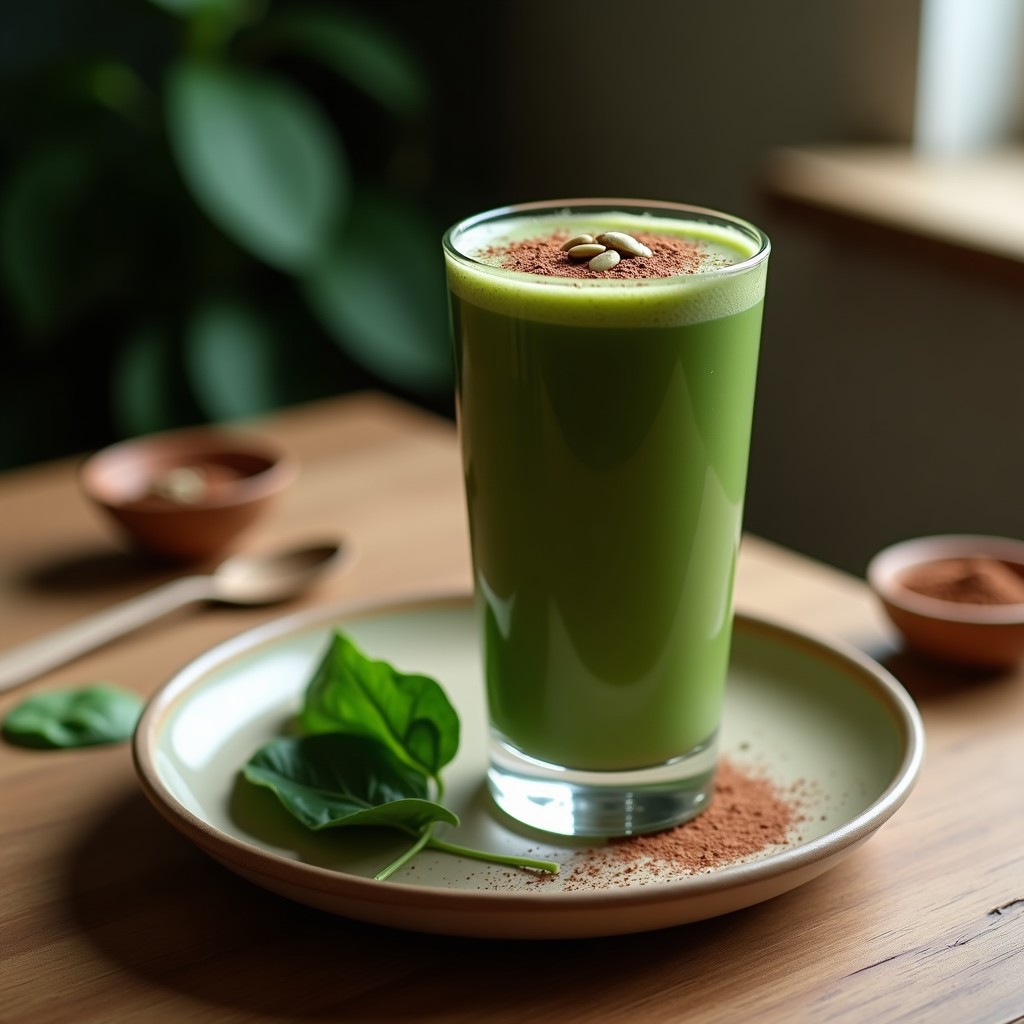 Vaso alto transparente con batido de cacao y espinacas vegano, color verde oscuro con espuma cremosa, decorado con semillas de calabaza y cacao en polvo, fondo de madera rústica y hojas de espinaca fresca.