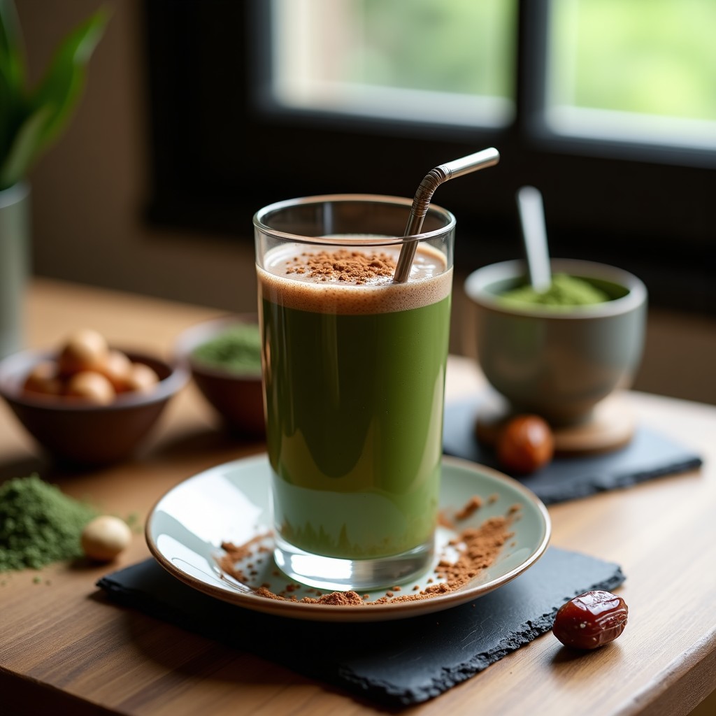 Vaso alto de cristal con batido espeso de color verde oscuro y marrón, decorado con una pizca de cacao en polvo y canela. Fondo con ingredientes: espirulina en copos, cacao puro y avellanas enteras.
