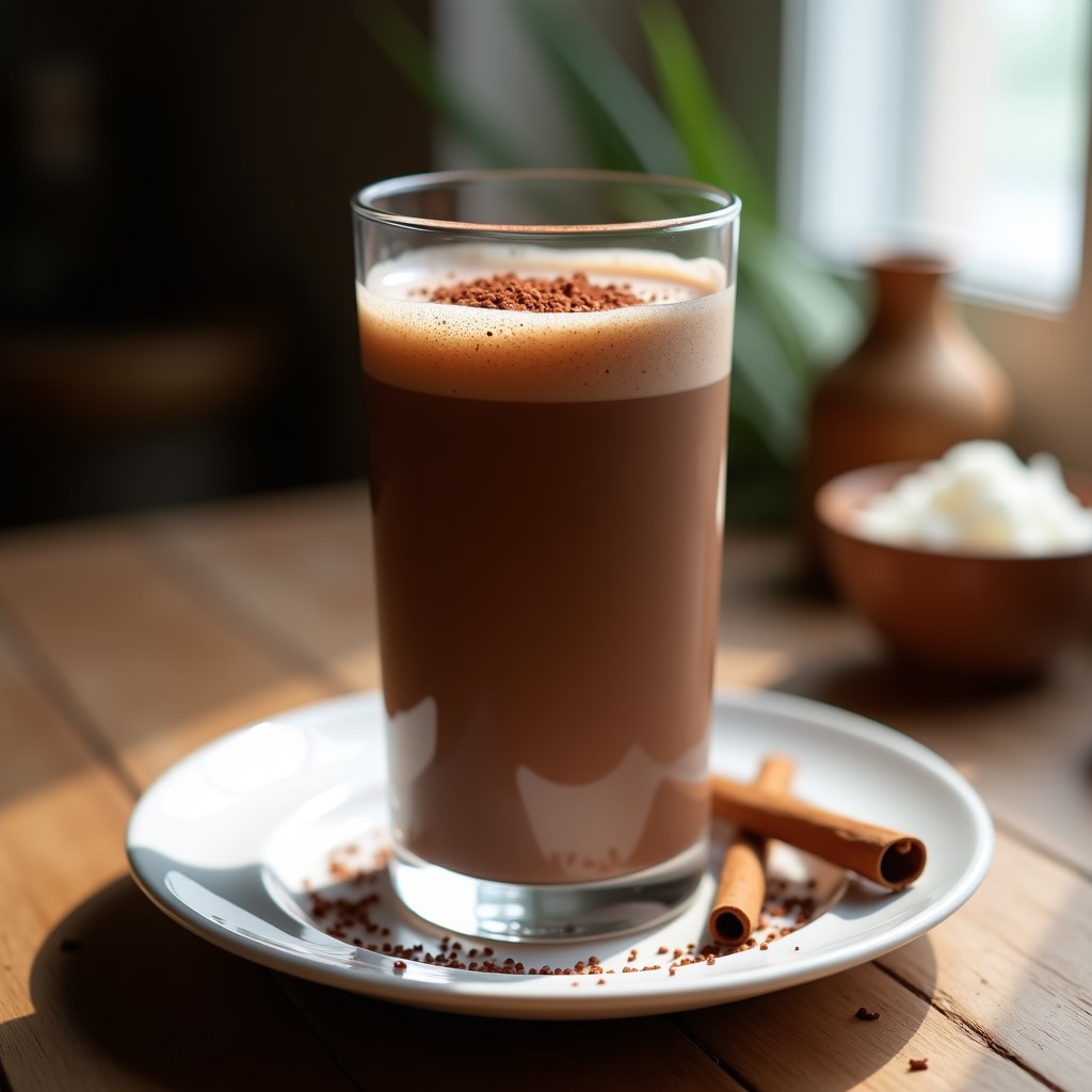 Vaso alto transparente con batido de cacao y pimienta de cayena keto, espuma cremosa en la superficie, espolvoreado con cacao en polvo y una pizca de pimienta de cayena. Fondo oscuro con ingredientes dispersos: semillas de chía, cacao en polvo y una cucharita de madera.