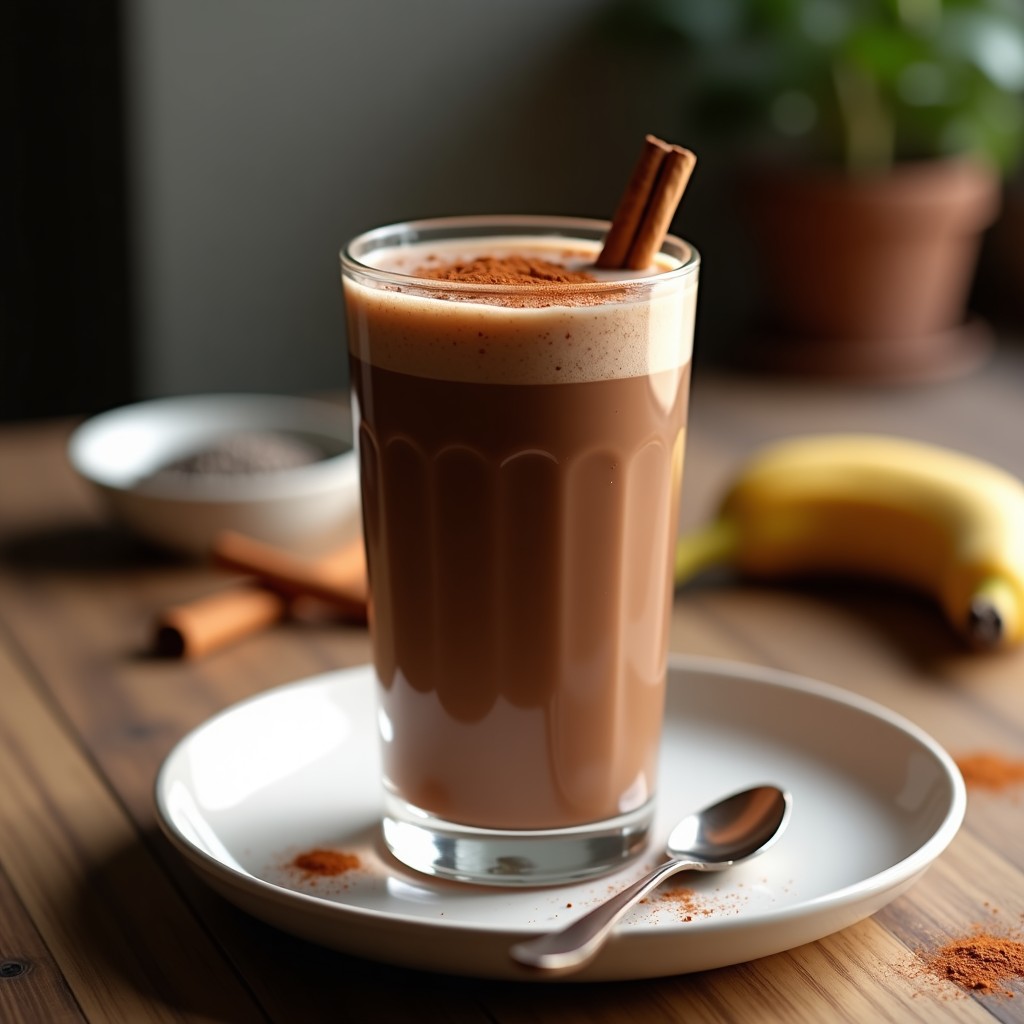 Vaso alto transparente con batido de cacao y plátano espumoso, decorado con canela en polvo sobre una mesa de madera rústica. Receta keto y alta en potasio.
