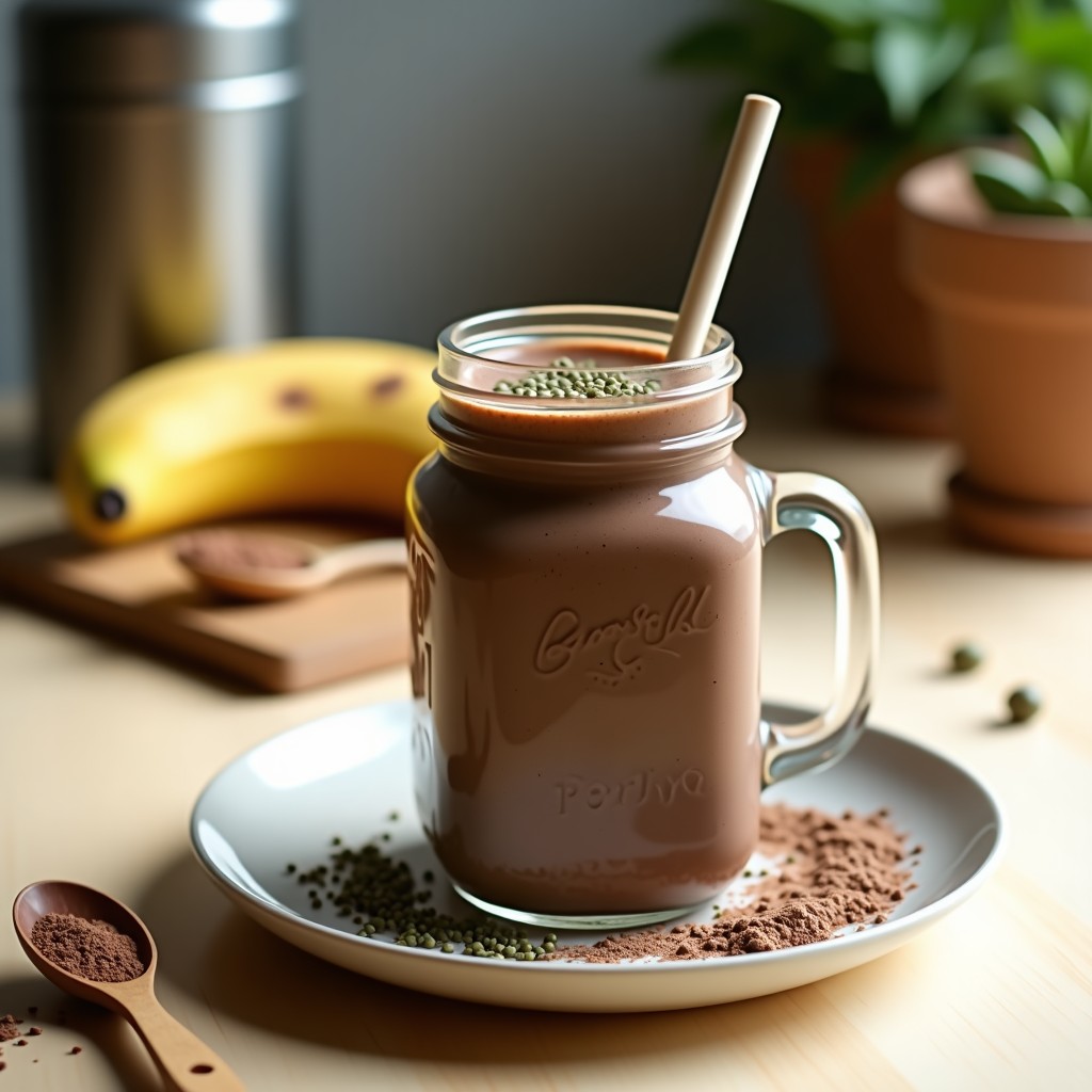 Batido espeso de color marrón oscuro con vetas verde azulado, servido en un tupper de vidrio transparente con tapa. En el fondo, semillas de chía visibles y un plátano en rodajas como decoración. Imagen fresca y apetecible de bebida alta en proteína para llevar.