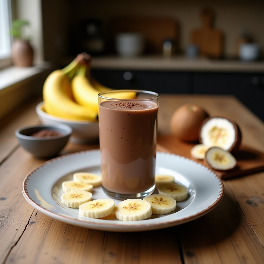 Batido keto post-entreno en vaso alto de cristal transparente, con textura cremosa y espumosa, decorado con cacao en polvo y semillas de chía. Fondo con plátano maduro, cacao en polvo y hoja de coco.