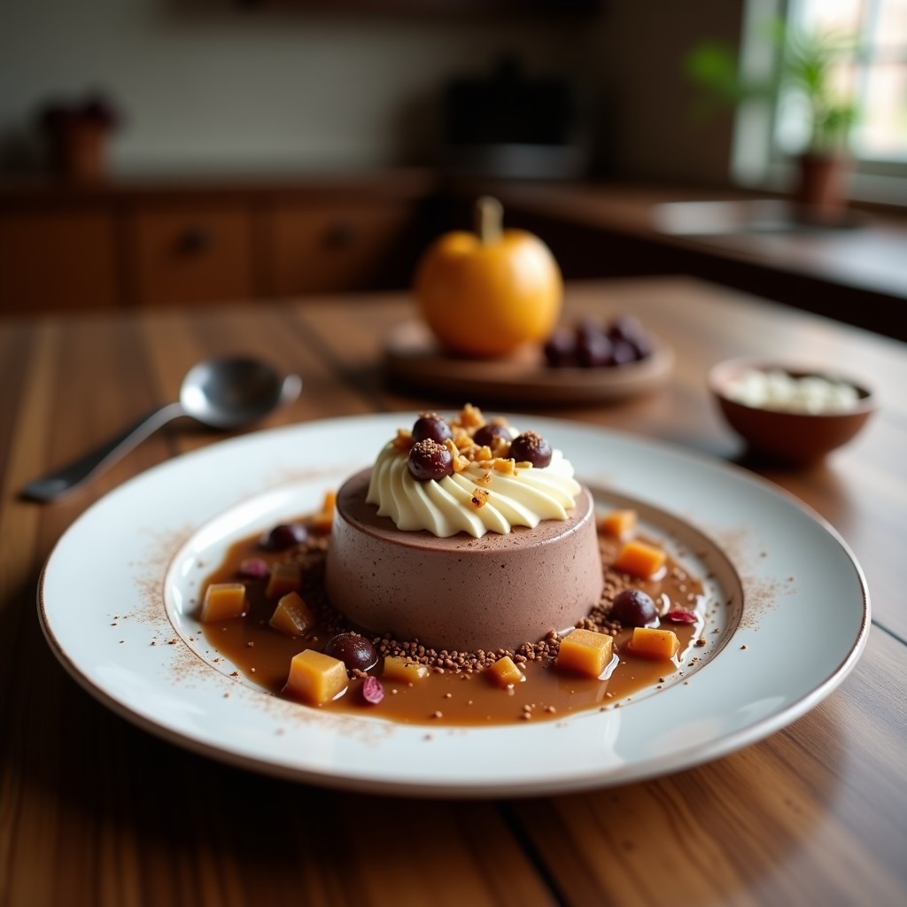 Vaso alto de cristal con batido de cacao y plátano keto, espuma cremosa en la superficie, decorado con semillas de chía y pizca de cacao en polvo, fondo oscuro con ingredientes dispersos: plátano, cacao y protein powder.